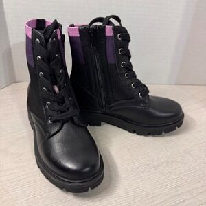 DKNY Kids Black Combat Boots Purple‎ Pink Knit Cuff Zipper Lace Up size 12